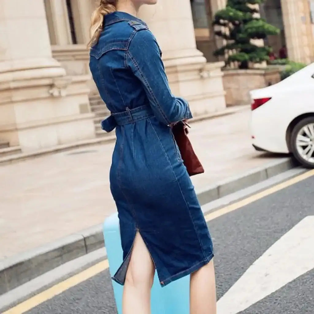 Vintage Button Up Jeans Dress Women Blue Lapel Denim Vestidos Winter Office Slim Long Sleeve Mid-Cuff Denim with Belt Long Dress - Lootquake