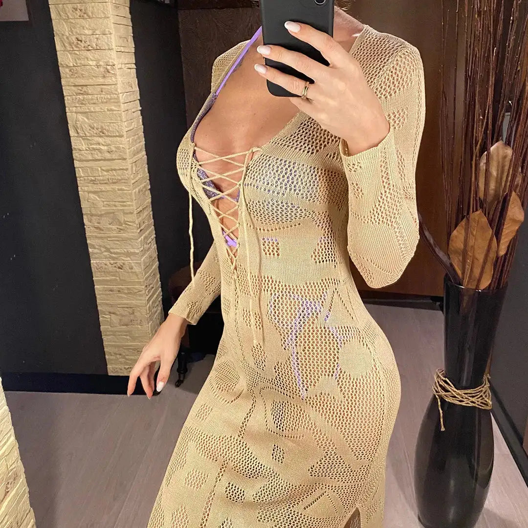 Deep V Dress Lace Up Long Sleeve Women Split Maxi Dress Crochet Knitted Tunic Mesh Sheer Sexy Bodycon Long Dress Vestido V4146B - Lootquake