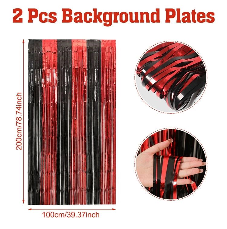 Rideau de pluie en soie avec pompons métalliques, décoration d'Halloween, noir et rouge, orange, 1 x 2 m