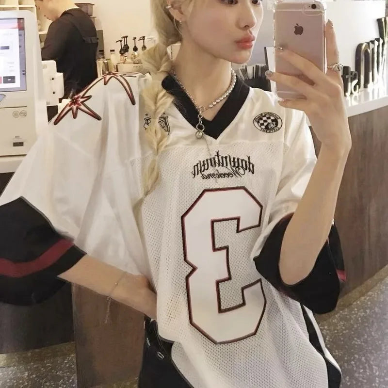 Silver 2024 New Summer Retro Number 3 Jersey for Women Street Contrasting Patchwork Mesh V-neck Oversize Short Sleeved T-shirt - Lootquake