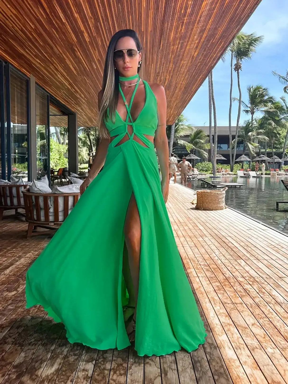 2024 Fashion New Women's Sexy Vacation Dress Solid Long Dress Cut Out Exposed Waist High Slit Suspender Long Skirt - Lootquake