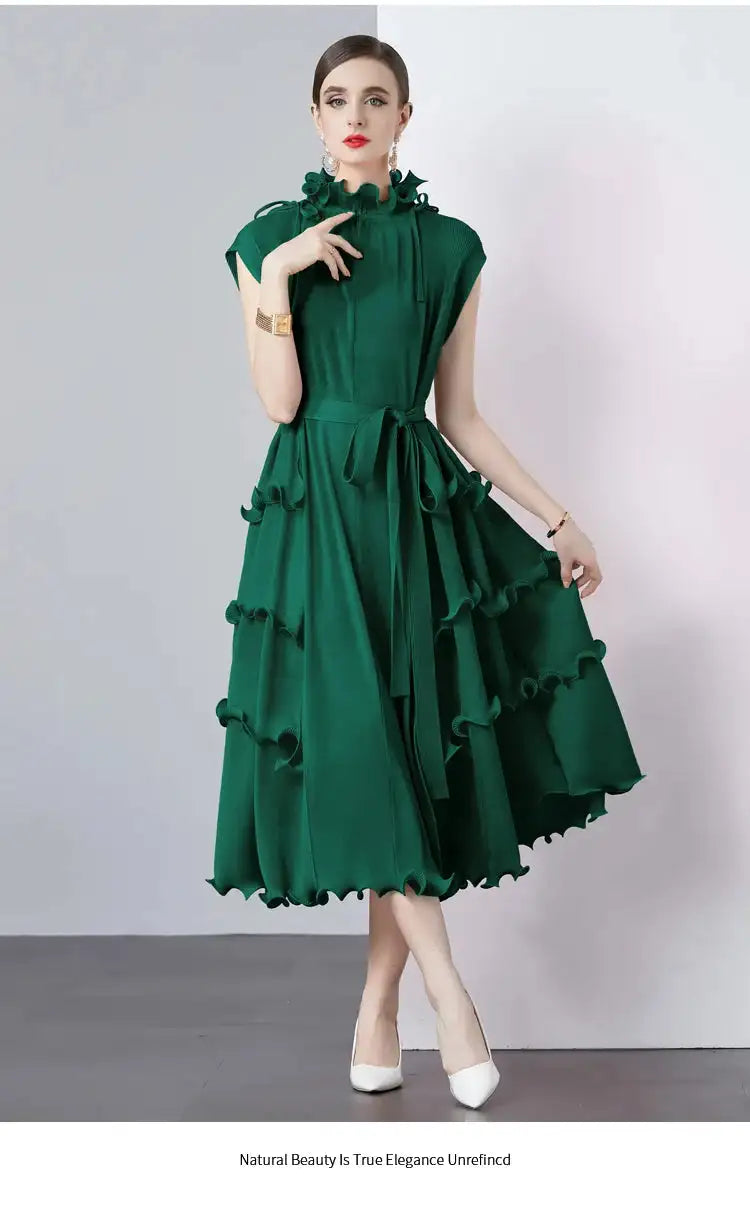 Miyake Pleated Shoulder Bag Heavy Industry Wood Ear Edge Pleated Lace-up Belt Long Dress Stand Collar Plus Size Women's Clothing - Lootquake