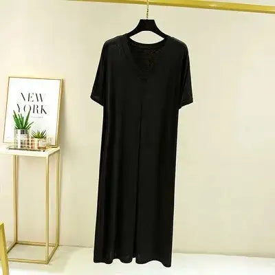 Modal Cotton Short Sleeved Nightdress for Women's Summer Casual Home Sleepwear V-neck Pleated Oversized Loose Hem Mid-Long Dress - Lootquake