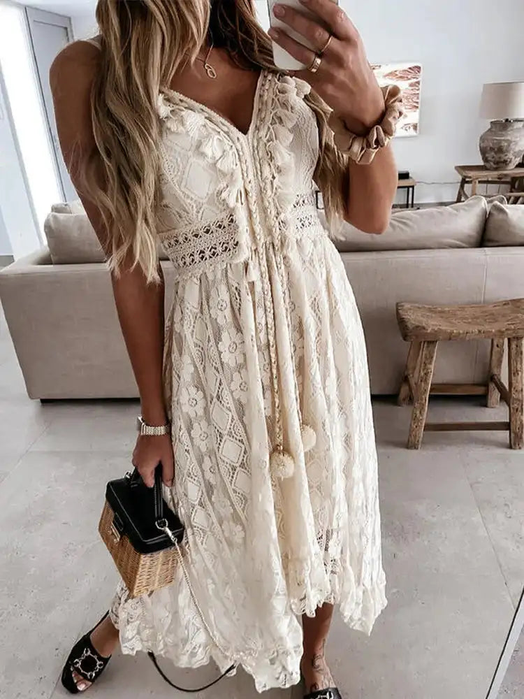 Boho Long Dress Women Summer Lace V Neck Flare Sleeve Sexy Maxi Dress Lady Holiday Party Beach Wedding Dresses Vestidos De Mujer - Lootquake