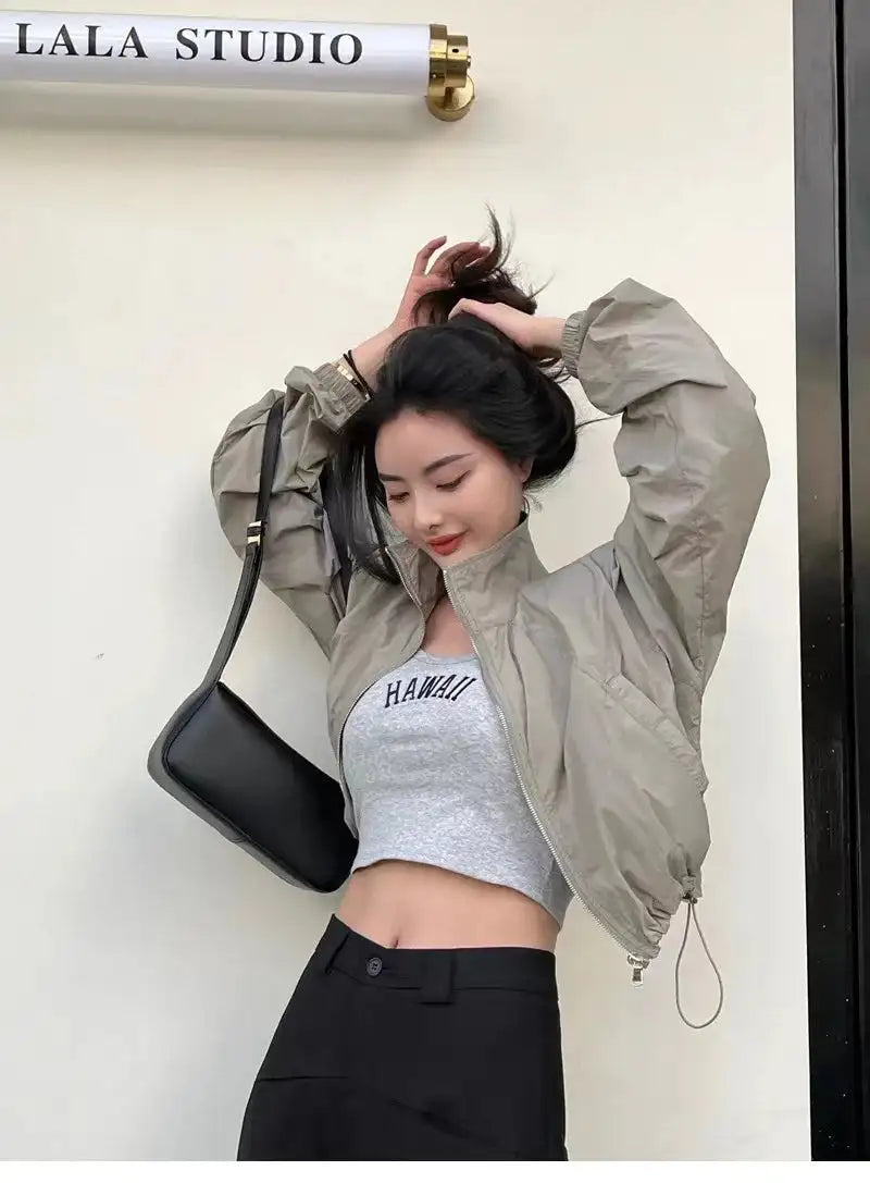 2024 Autumn Vintage Women's Windbreaker Cropped Jackets Harajuku Oversized Streetwear Long Sleeve Fashion Female Elegant Top - Lootquake