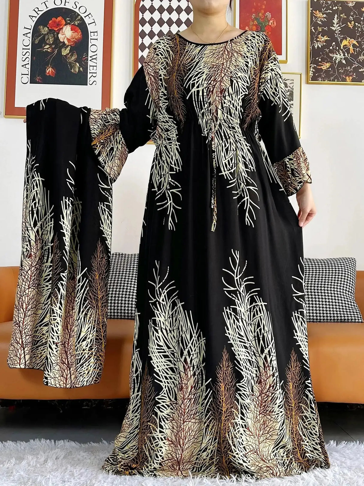 New Style African Dashiki Print Long Sleeve Loose Cotton Elegant Women Abaya Long Dress Summer Maxi Casual Dresses Vestidos
