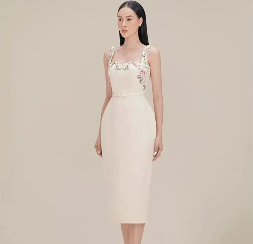 Runway Autumu Spaghetti Strap Bodycon Long Dress Sexy Women's Square Collar Embroidery Flower Sleeveless Tank Party Belt Dresses - Lootquake