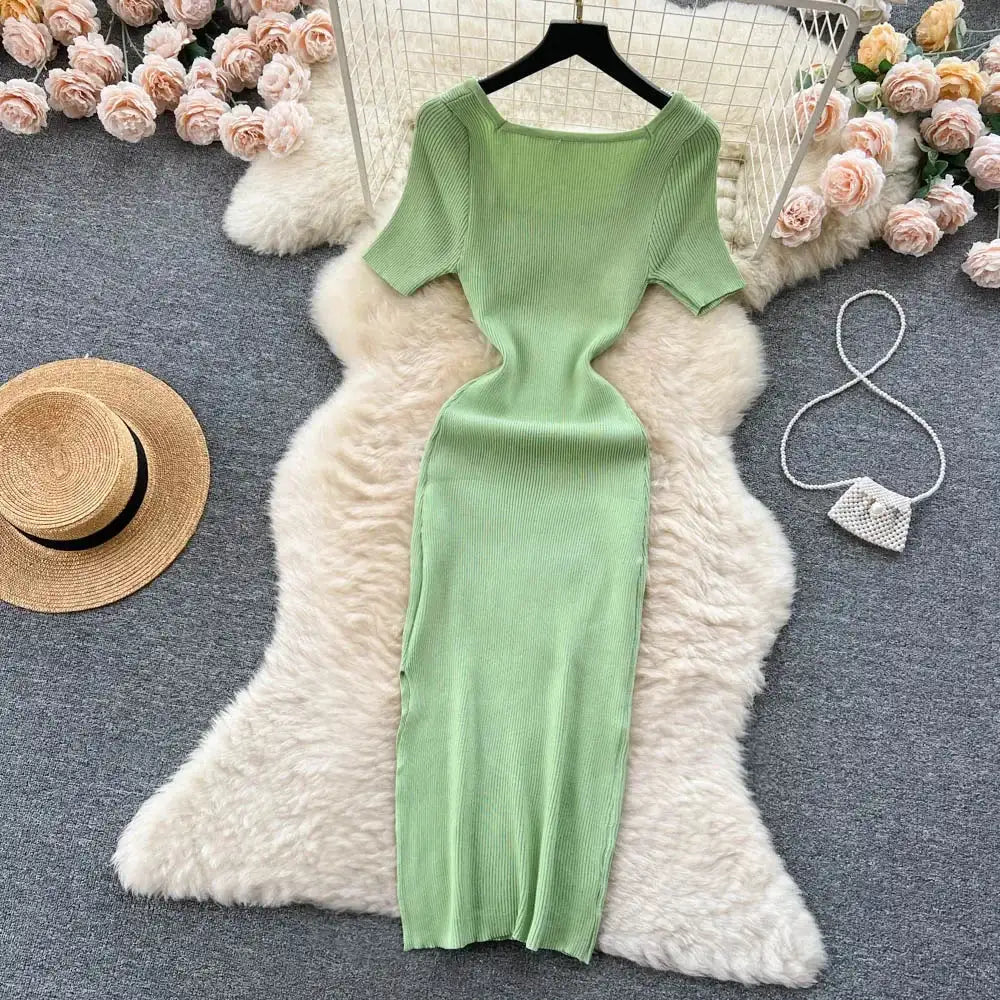 Green 2024 Sexy Summer Knit Short Sleeve Dress Women Squar Collar Waist Bodycon Sundress Female Beach Backless Long Dress - Lootquake