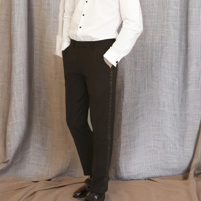 Black Men Pants with Side Satin Stripe One Piece Slim Fit Formal Male Trousers Official Fashion - Lootquake