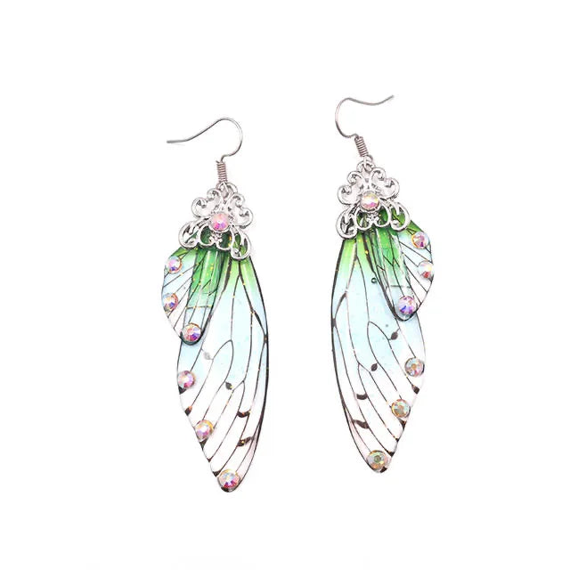 New Handmade Fairy Simulation Wing Earrings Insect Butterfly Wing Drop Earrings Foil Rhinestone Earrings Romantic Bridal Jewelry - Lootquake