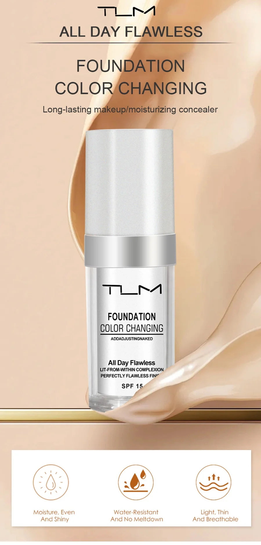 TLM TUM Base de maquillaje líquida profesional, cobertura total, corrector facial, resistente al agua, ilumina, cubre ojeras, 30 ml