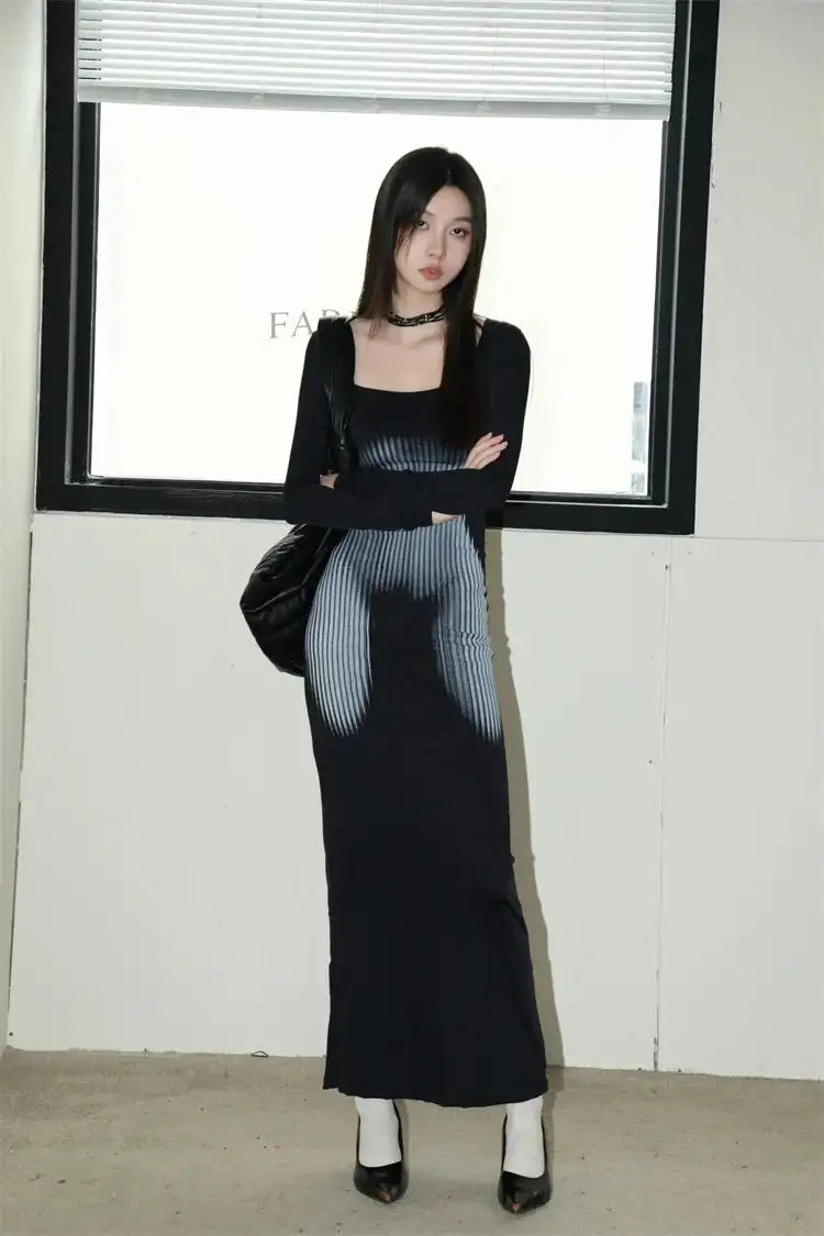 Y2K Sexy Long Sleeved Print Design Long Dress Elegant Slim Square Necked Dress Woman Street Style Wrapped Hip Skirt - Lootquake