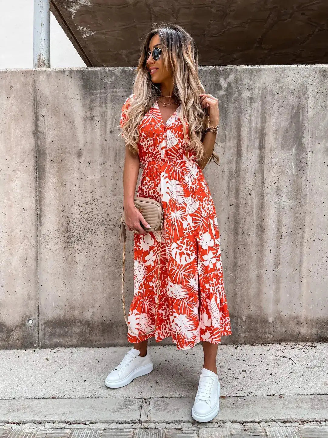 Summer Floral Print Dress Women V Neck Side Slit Long Dress Elegant Short Sleeve Button Slim Spring Female Party Dress Vestidos - Lootquake