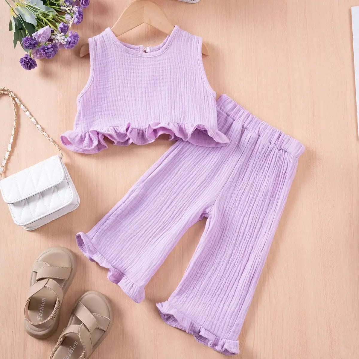 Summer Kids Cotton Casual 2pcs Toddler Girls Solid Color Sleeveless Top + Ruffle Pants Set Comfortable Fashion Hot Sale - Lootquake