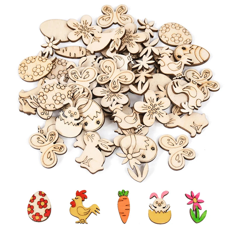 50pcs Easter Wooden Confetti Rabbit Carrot Eggs Kids Painting DIY Crafts Wood Slice 2025 Spring Easter Party Decoration For Home - Lootquake