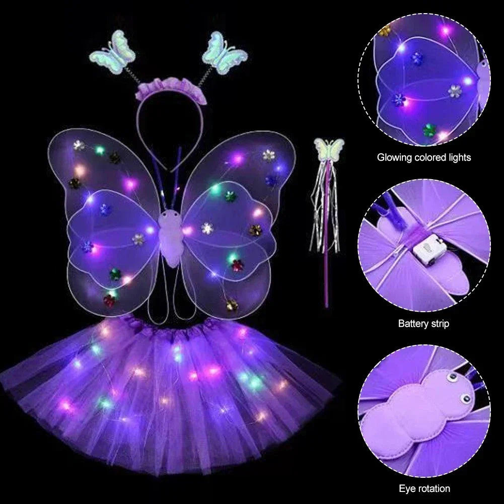 LED Children Costume Props Girls Skirts Angel Luminous Wings Flashing Butterfly Skirt Lights Suit 2-8year Easter Valentines Day - Lootquake
