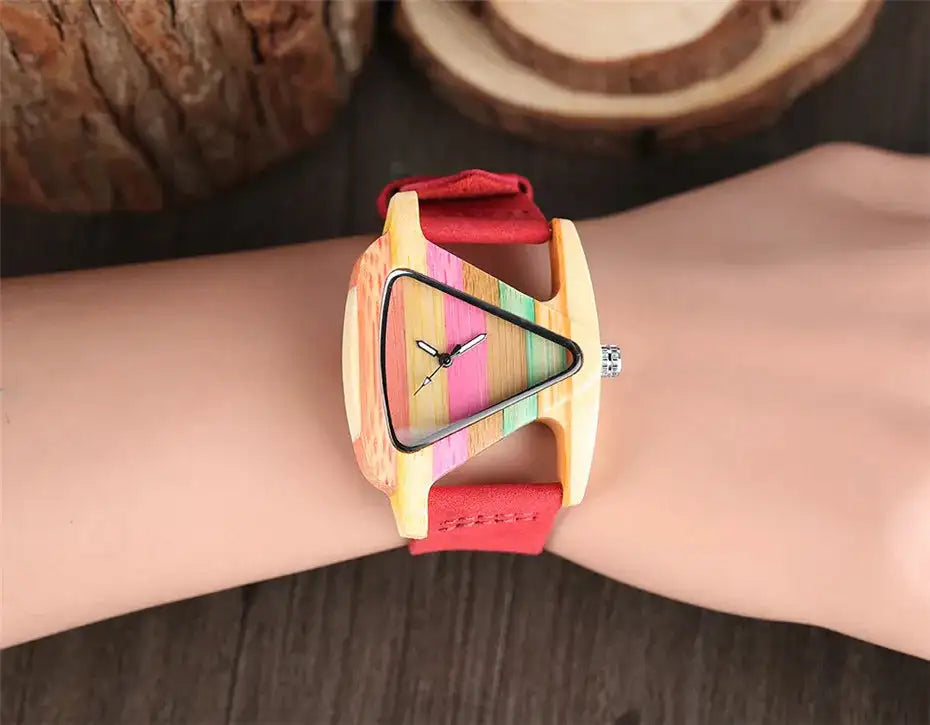 Unique Triangle Women's Wood Watch Creative Colorful Lady Green/ Red Genuine Leather Wristwatch Elegant Womens Watches Top Gifts - Lootquake
