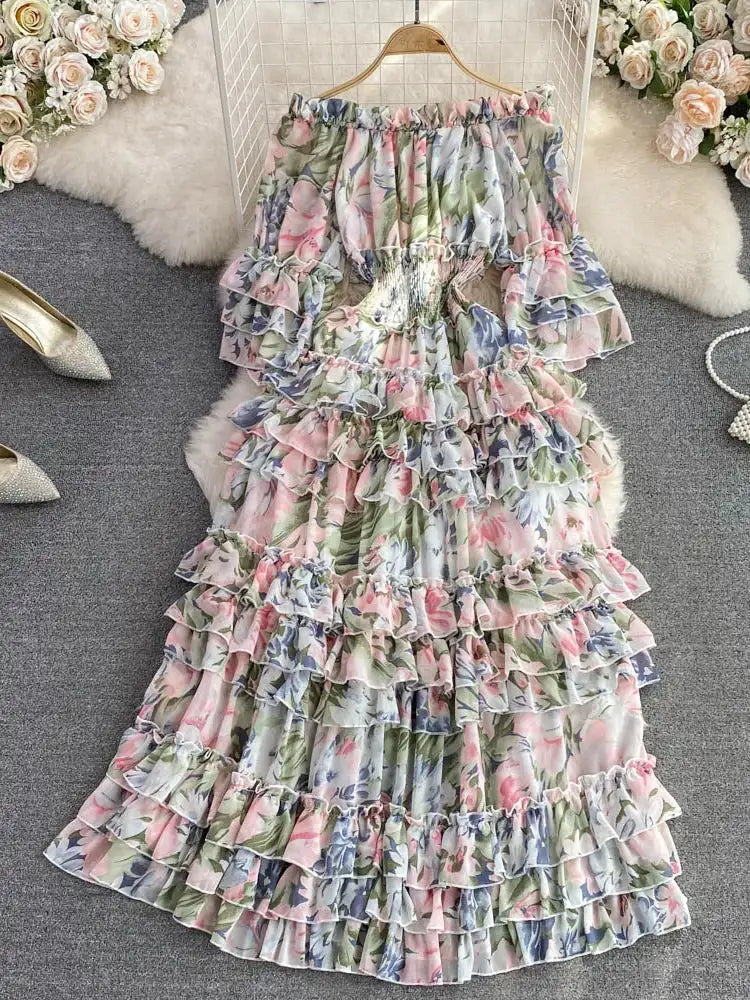 Summer New Off Shoulder Wrap Waist to Show Thin A-line Fragmented Cake Dress Women's Beach Vacation Chiffon Long Dress GD820 - Lootquake