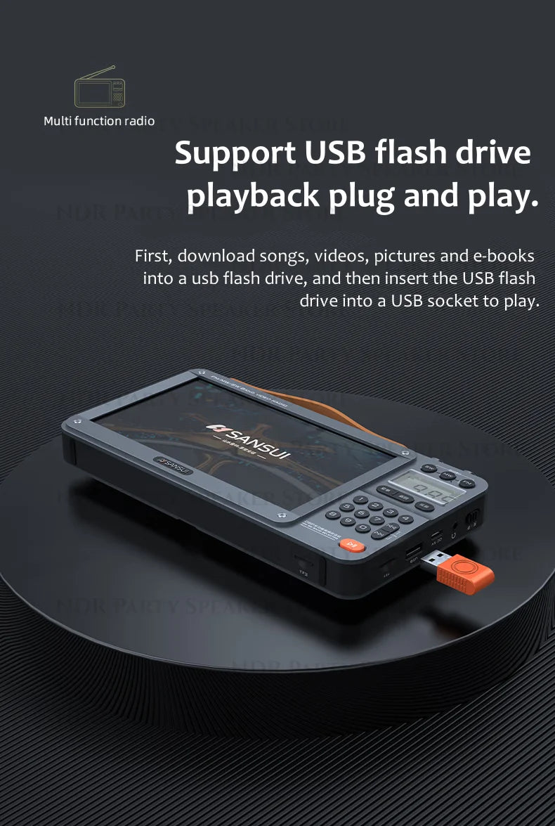 Enceintes Bluetooth sans fil SANSUI, radio pleine bande, lecteur vidéo LED HD, baladeur MP4 portable, batterie rechargeable intégrée