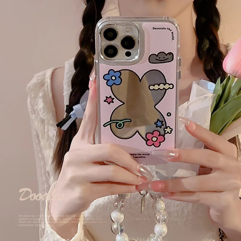 Estuche para iPhone con espejo de maquillaje y cadena, con diseño de flores, galvanizado