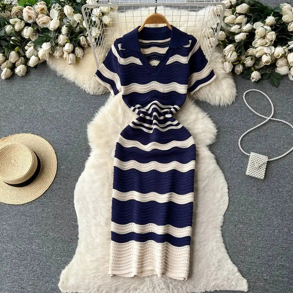 Short Sleeves Striped Long Dress Lapel Neck Hollow Out Slim Bodycon Sundress Fashion Hotsweet Knitted Beach Midi Dress - Lootquake