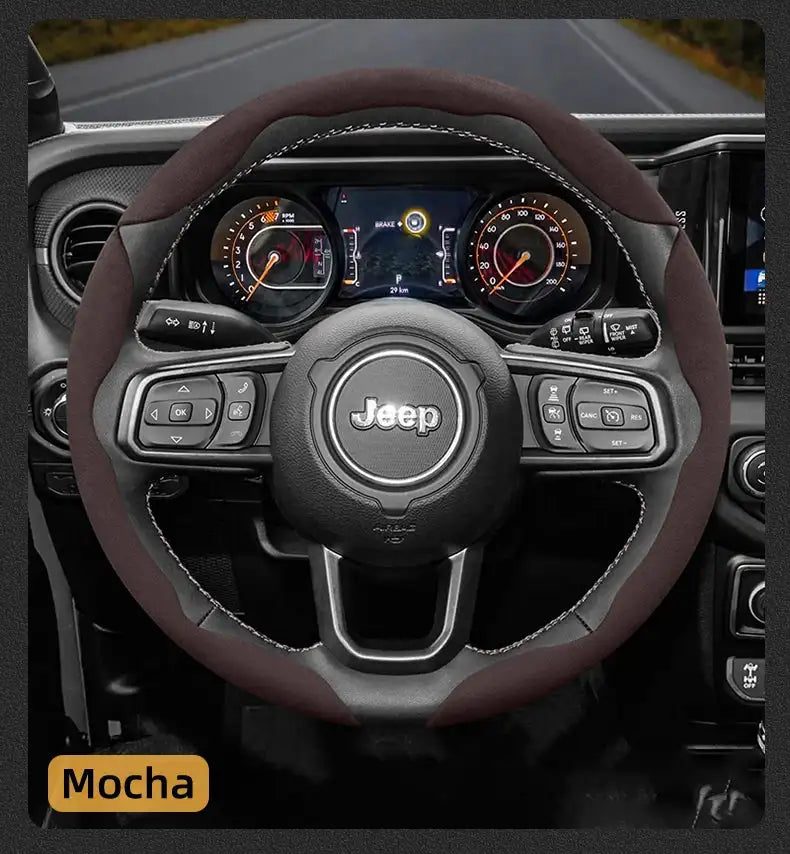Funda de volante de gamuza a presión para Jeep Renegade Compass Wrangler JK JL Grand Cherokee WK2, accesorios WJ Portachiavi