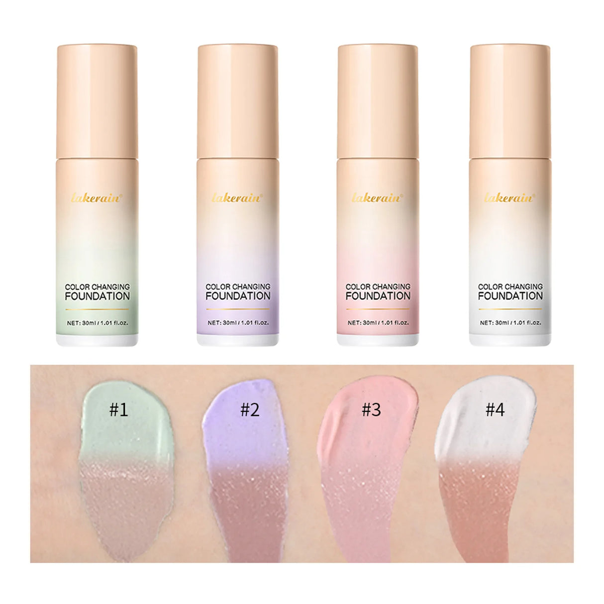 Base de maquillaje Lakerain que cambia de color CC Cream, base de maquillaje facial resistente al agua, base líquida, corrector impecable de larga duración.