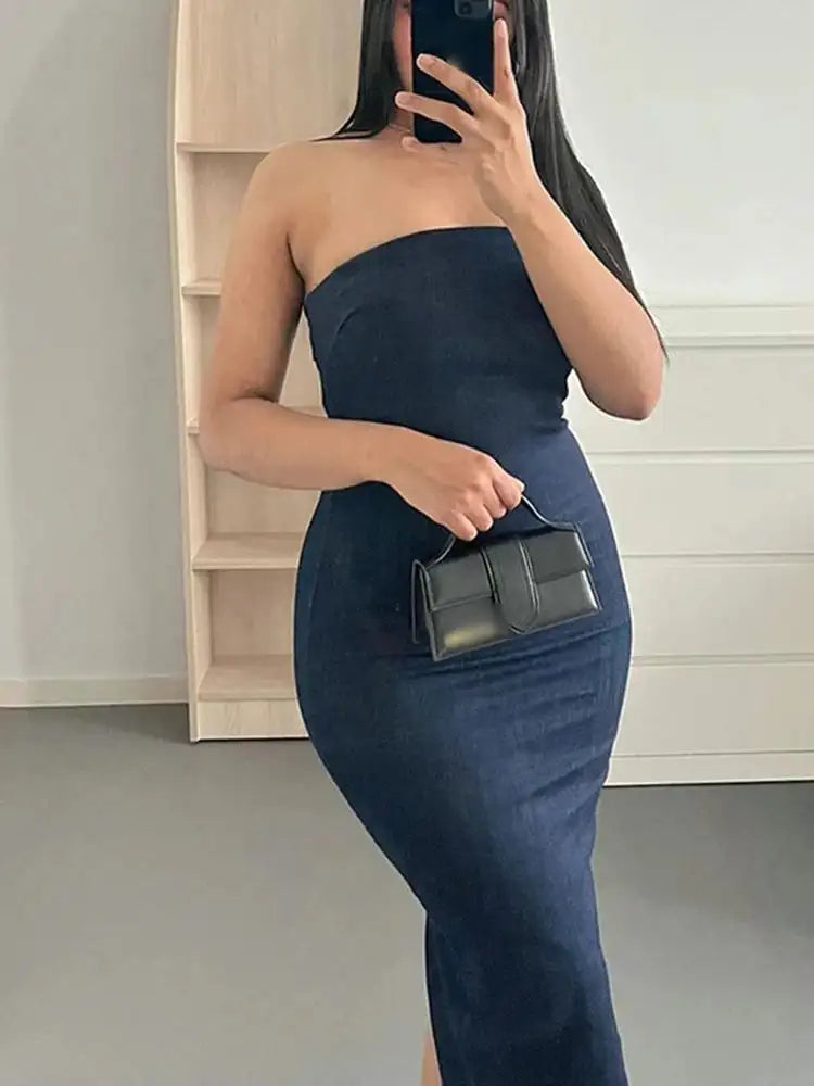 TRAF Off Shoulder Denim Dress Woman Blue Corset Long Dress Women Midi Bodycon Dresses For Women 2023 Elegant Party Dresses - Lootquake