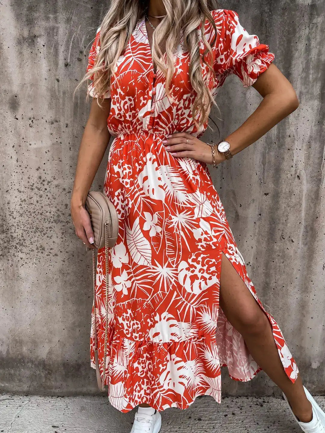 Summer Floral Print Dress Women V Neck Side Slit Long Dress Elegant Short Sleeve Button Slim Spring Female Party Dress Vestidos - Lootquake