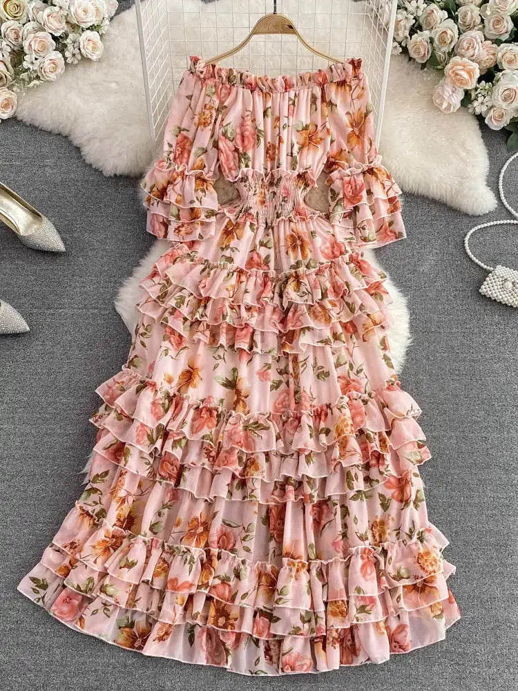 Summer New Off Shoulder Wrap Waist to Show Thin A-line Fragmented Cake Dress Women's Beach Vacation Chiffon Long Dress GD820 - Lootquake