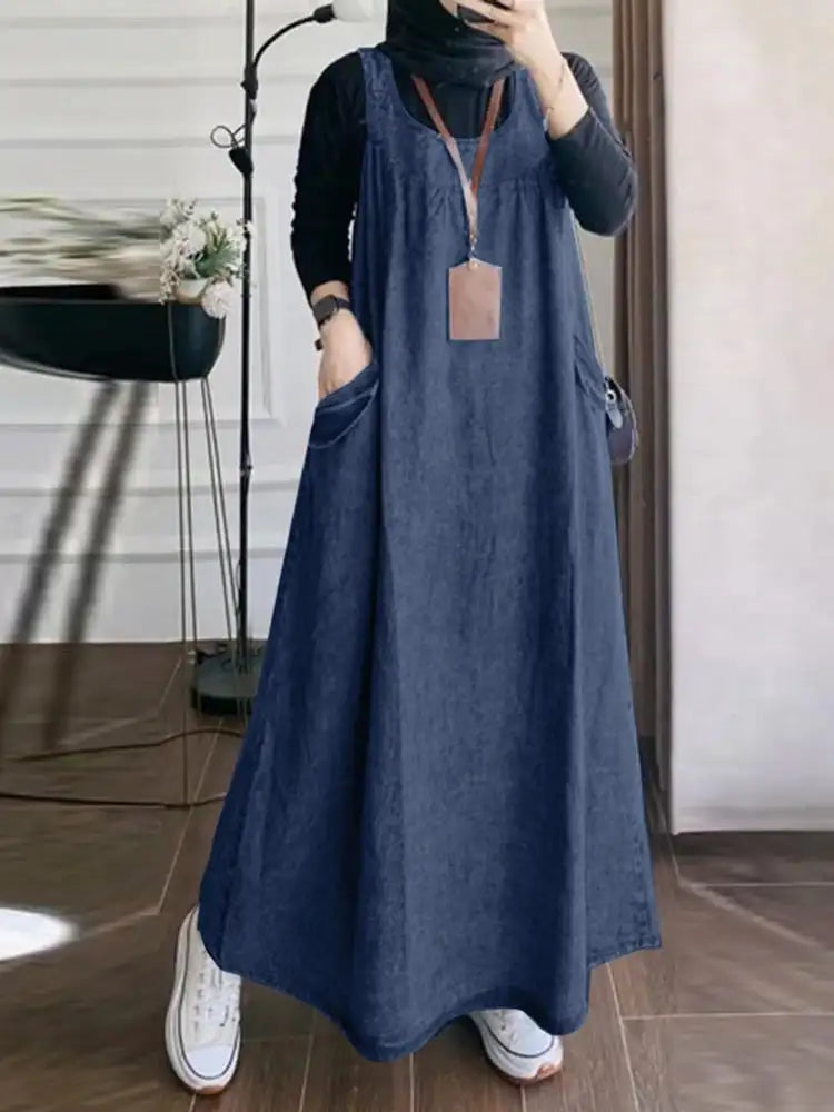 Summer Muslim Long Dress Abaya ZANZEA Women Vintage Sleeveless Denim Blue Maxi Vestidos Dubai Robe Casual Loose Ramadan Sundress - Lootquake