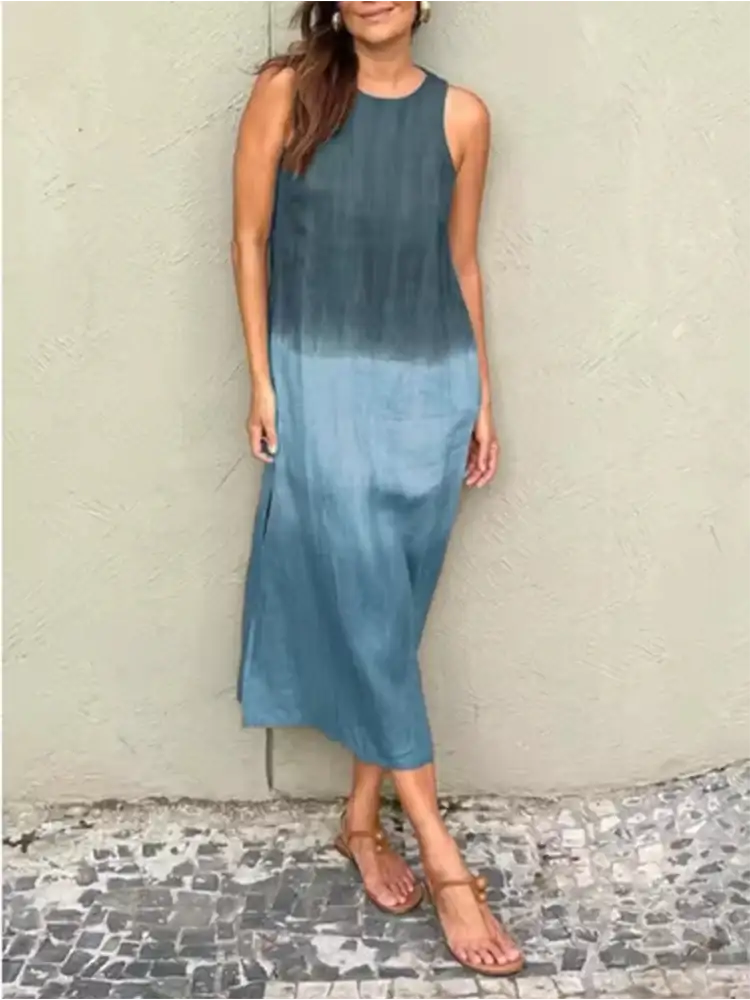 Fashion Vest Long Dress Women Summer Sleeveless o Neck Dress Summer Gradient Casual Dresses - Lootquake