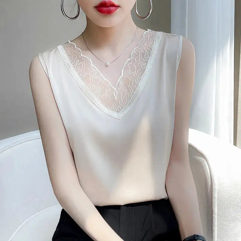 new woman clothing vest camis Tank top women's suit bottom lace lining 2024 summer new silk satin sleeveless top suspender vests - Lootquake