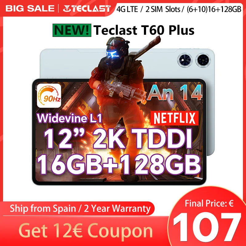 【Nouveau】Teclast T60 Plus 12 pouces Tddi 90 Hz Écran 2K 2000X1200 Android 14 Widevine L1 Mtk Helio G88 (6 Go de RAM + 10 Go d'extension) Batterie 16 Go/128 Go 8000 mAh 4G LTE Double SIM TF jusqu'à 1 To