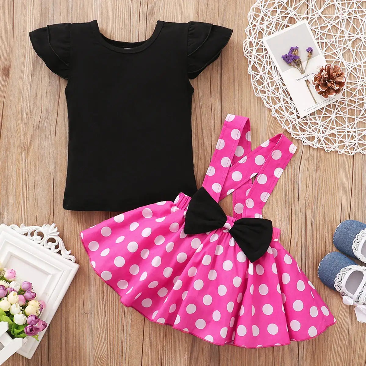 Toddler 1-5 Year Old Girl Round Neck Flying Sleeve Top+Dot Bow Strap Skirt Piece Suitable for Travel and Travel Girl Summer Set - Lootquake