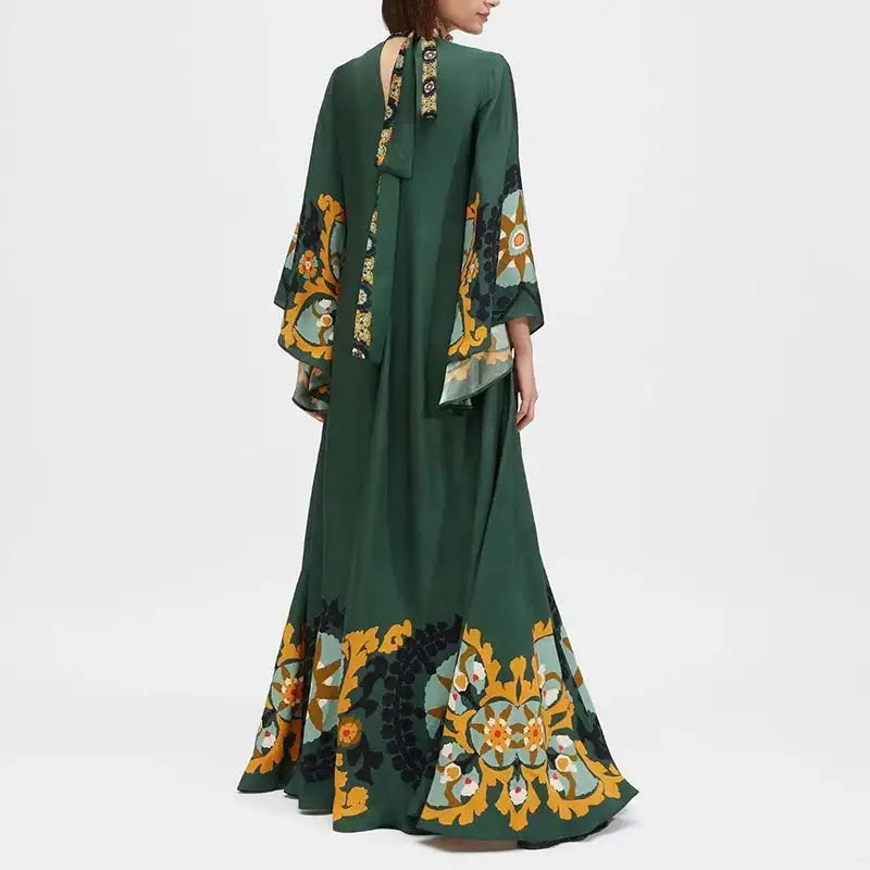 Ethnic Retro Spring Print Boho Long Dress Women Sexy Stand Collar Lace-up Party Dress Fall Long Sleeve Loose Ladies Maxi Dresses - Lootquake