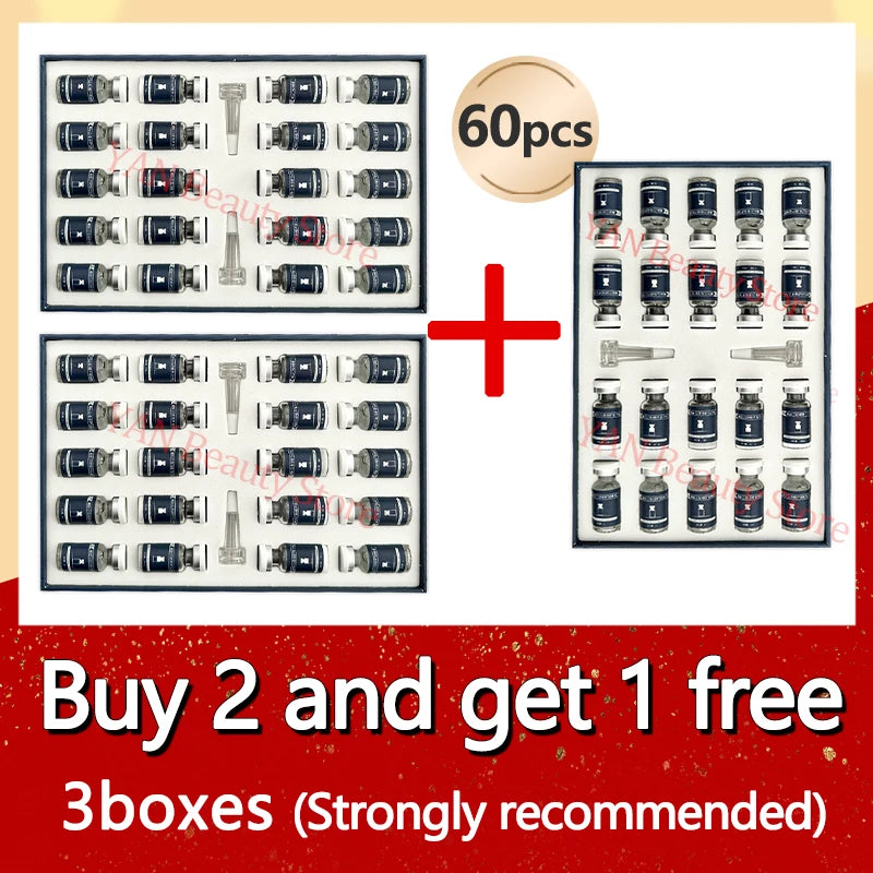 Set de oligopéptidos antiarrugas en polvo liofilizado, suero nutritivo, reparador de colágeno y reafirmante con ácido hialurónico para el cuidado de la piel.