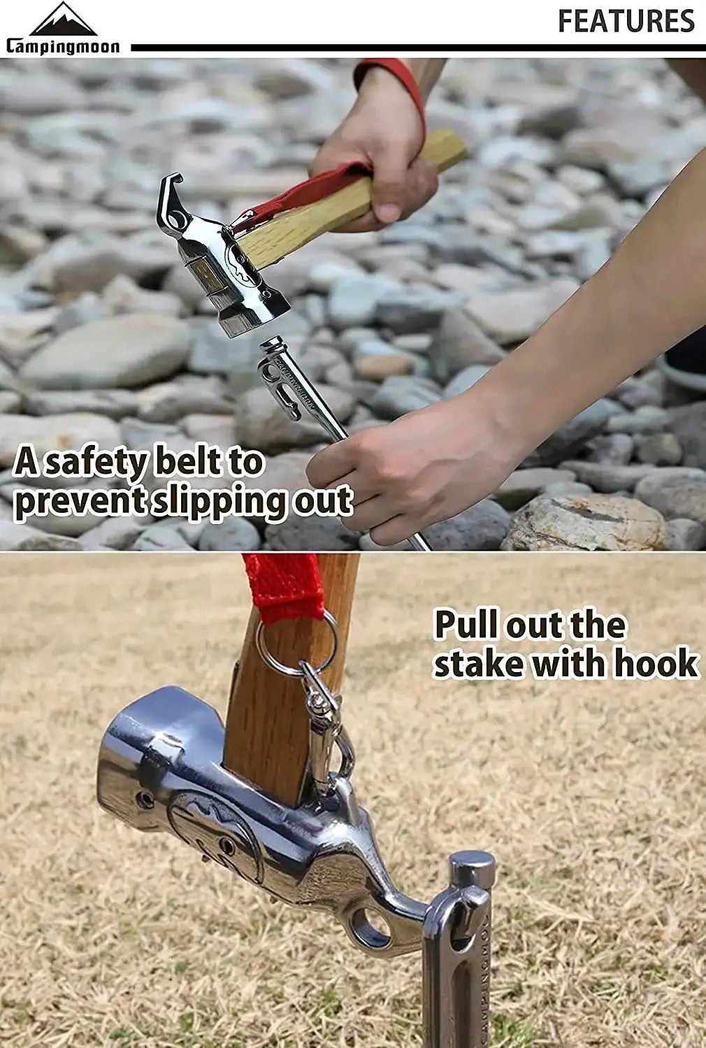 Campingmoon 1PCS Outdoor Multi-purpose Stainless Steel Copper Head Nail Puller Camping Hammer Fixed Tent Nail With Safety Rope - Lootquake