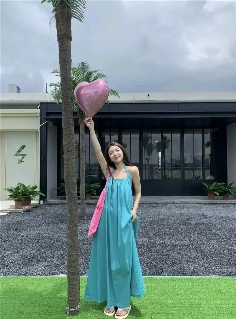 Summer Vacation Dress Thailand Style Open-back Halter Neck Age-reducing Photography Beach Long Dress Belted - Lootquake