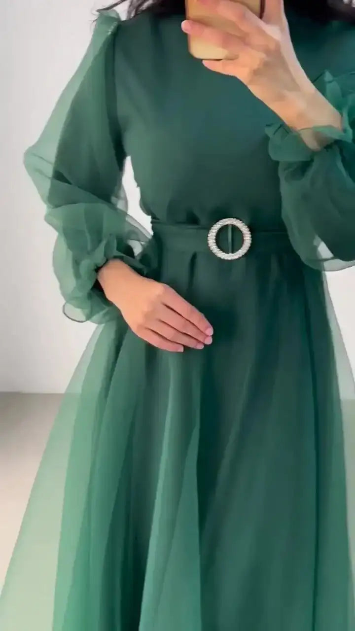 Spring Elegant Mesh Dress Muslim Women Fashion Solid High Waist Mesh Lantern Sleeves Long Dress Women - Lootquake