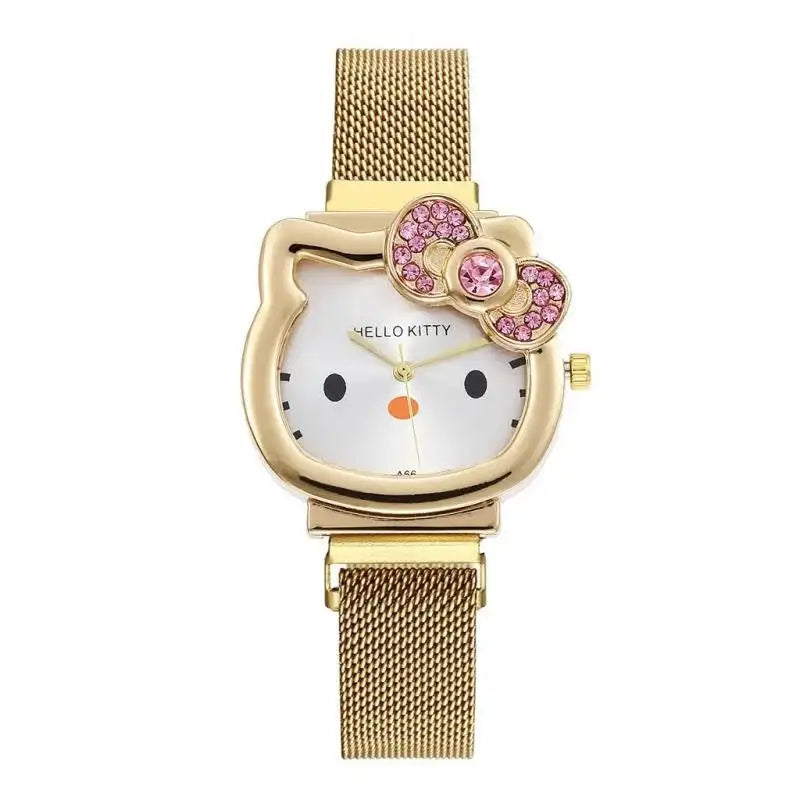 Hello Kitty Diamond Watch Cat Bow Kawaii Pink Ladies Gold Sliver Metal Jewelry Cartoon Magnetic Watch Girlfriend Birthday - Lootquake