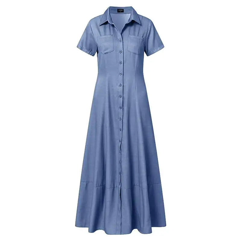 2023 Fashion New Long Dress Shirt Neck Pocket Large Swing Dress Casual Elegant Temperament Single Breasted Denim Dress - Lootquake