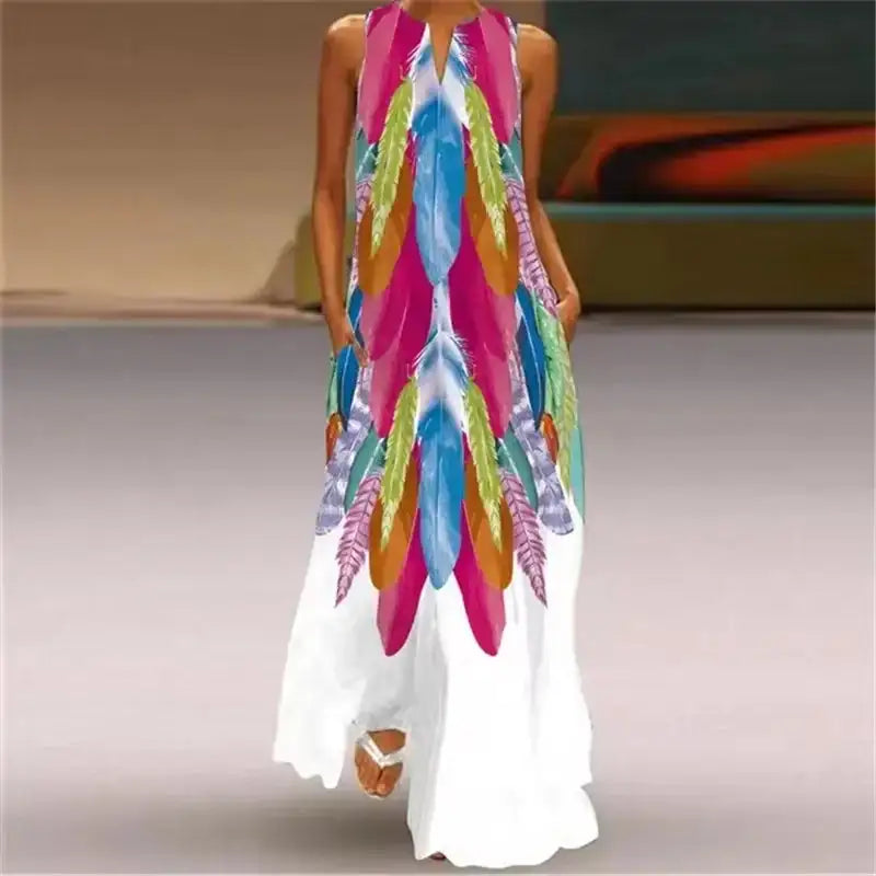 Rainbow Gradient Print Elegant Women's Dress 2024 Summer Sexy Sleeveless V-neck Evening Long Dress Women Casual Party Maxi Dress - Lootquake