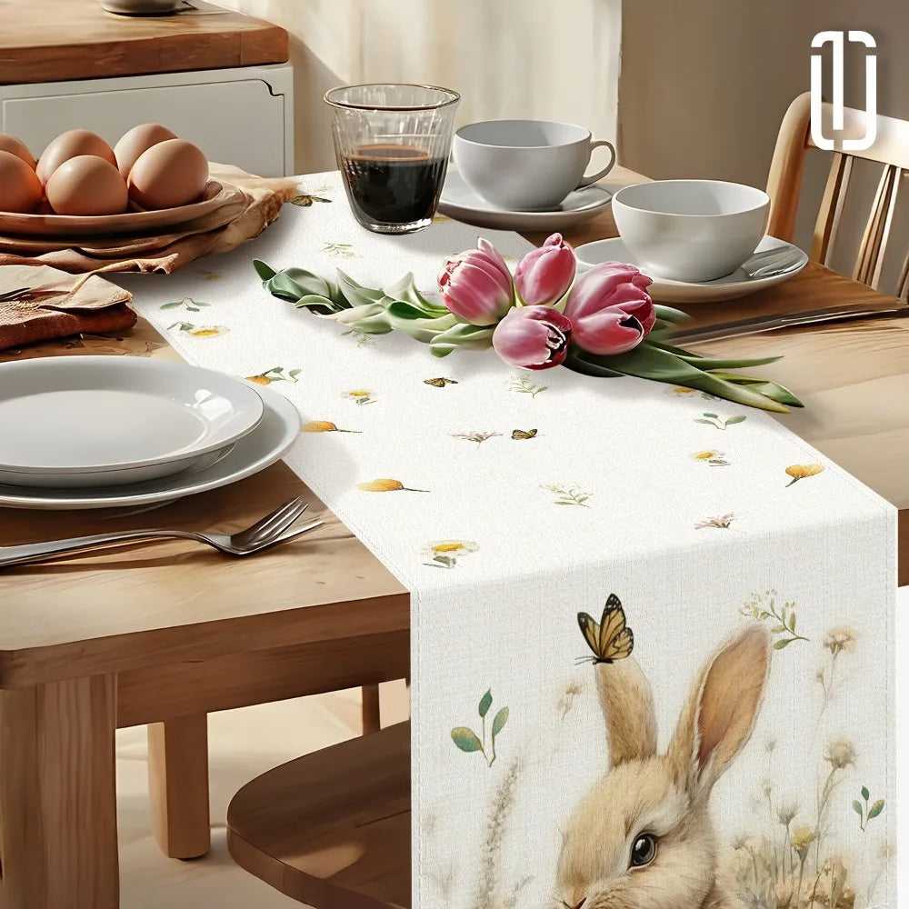 1pc Easter Bunny and Floral Egg Table Runner for Spring Holiday Home Decor, Easter Celebration Tablecloth Gift Idea - Lootquake