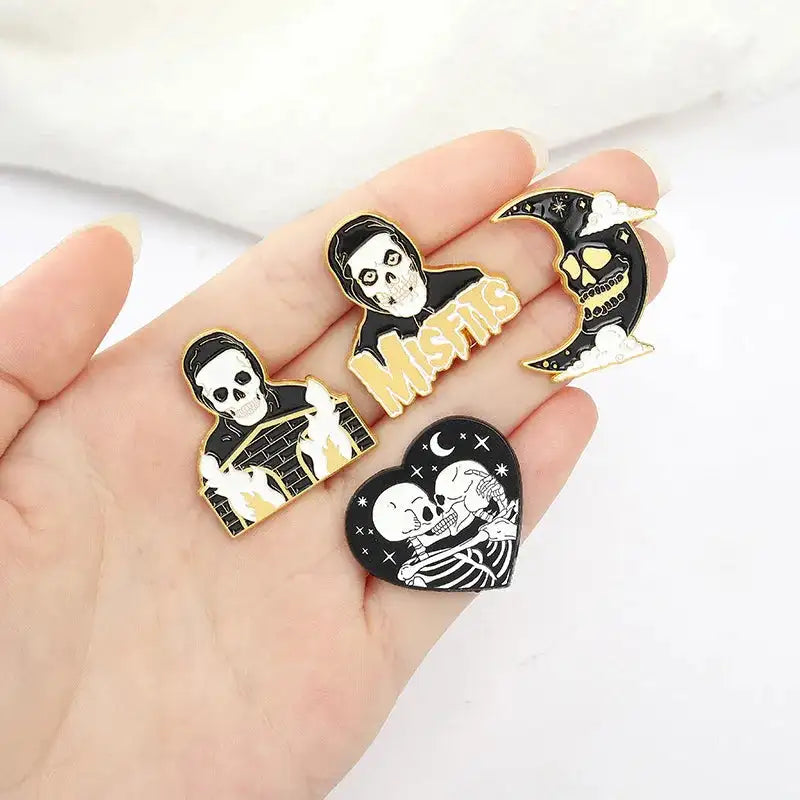 Punk Style Brooch Skull Rose Heart Brooch Halloween Cat Head Compass Wizard Hat Black Cat Alloy Brooches Enamel Badge Lapel Pins - Lootquake