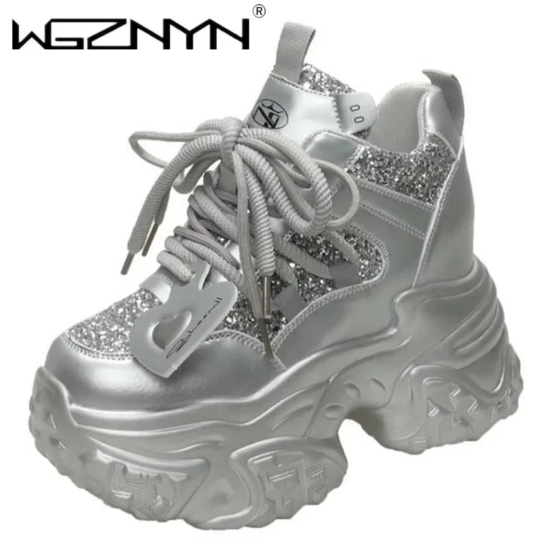 10.5CM Women Casual Platform Sneakers High Heels New Autumn Sports Leather Shoes Bling Trainers Chunky Sneaker Zapatos Mujer - Lootquake