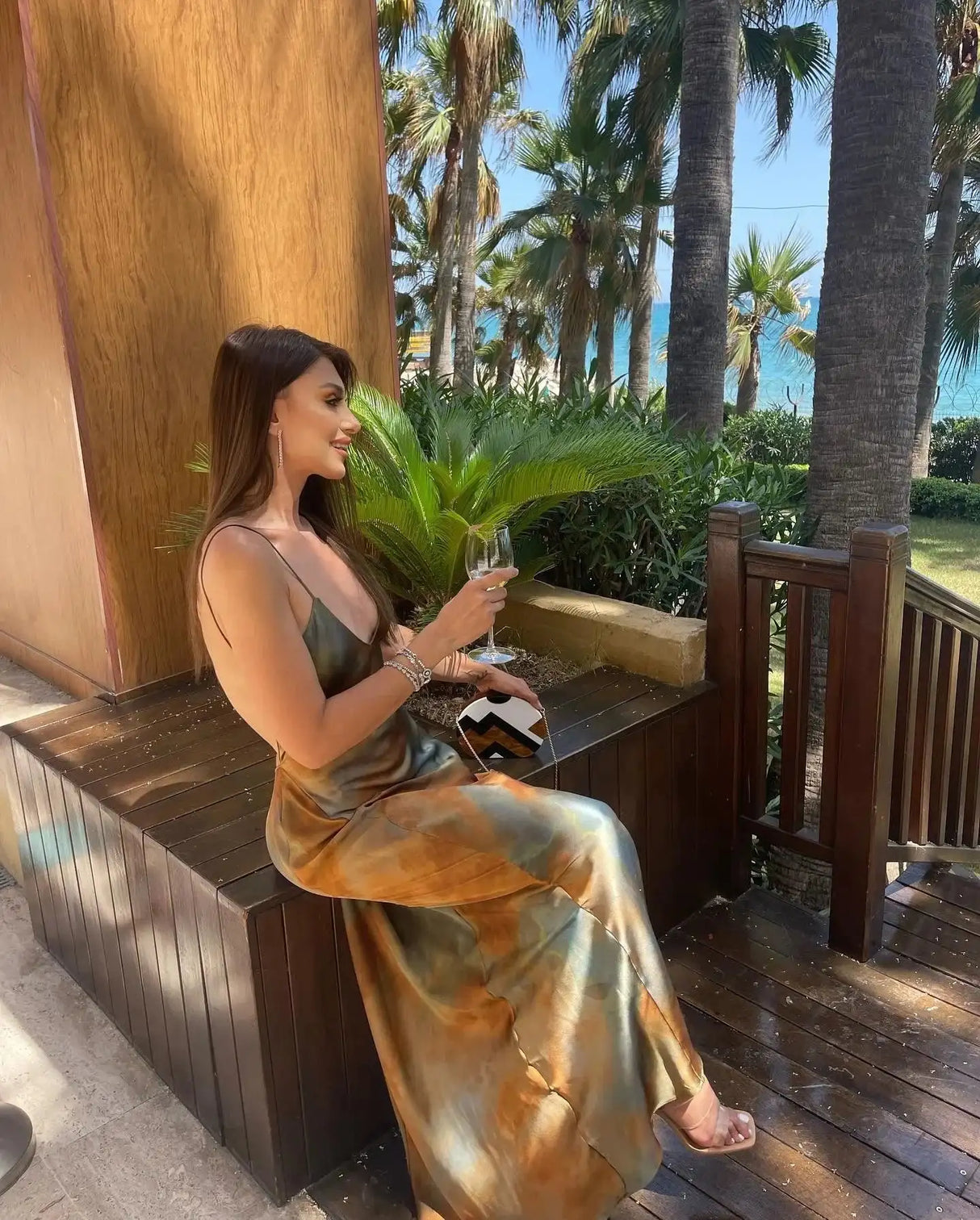 2023 New Women's Elegant Sexy Long Dress V-neck Open-back Rainbow Printing Tank Dress Sleeveless Summer Fashion