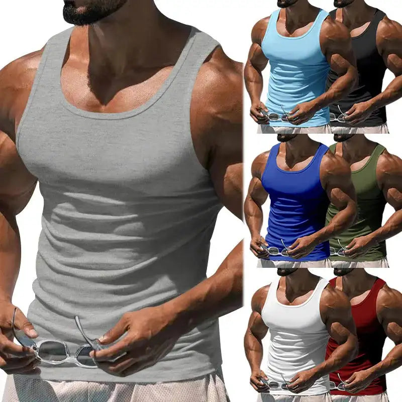 American Vest, Summer Europe And The United States Men Stretch Sports Gym Training, Tight Hurdle Sleeveless Top Solid Color Vest - Lootquake