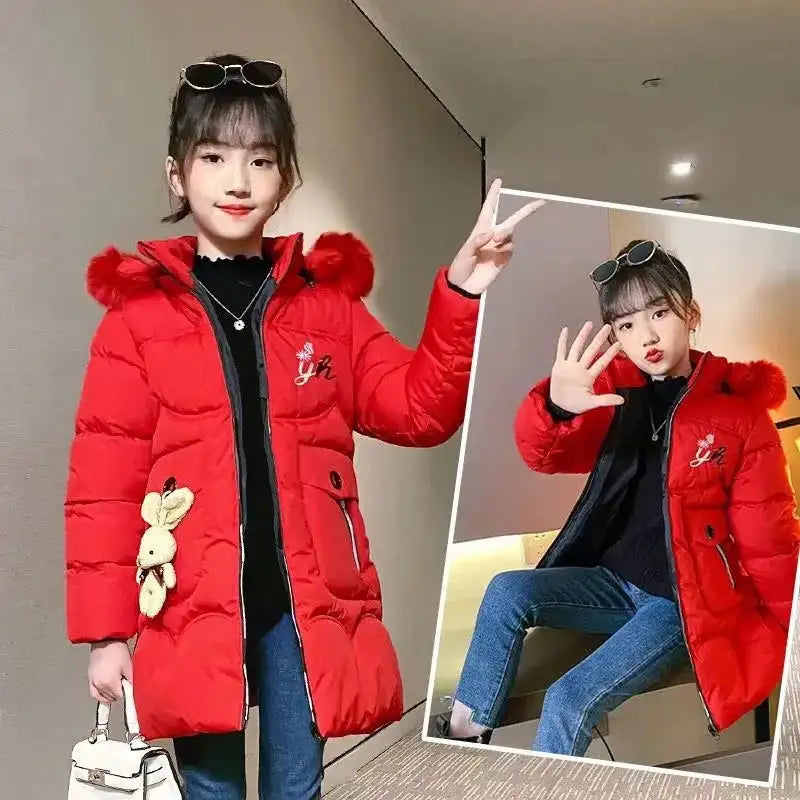 4 Color Big Size Winter Keep Warm Long Style Girls Jacket Teenage Thick Heavy Cold-proof Hooded Windbreaker Coat For Kids - Lootquake
