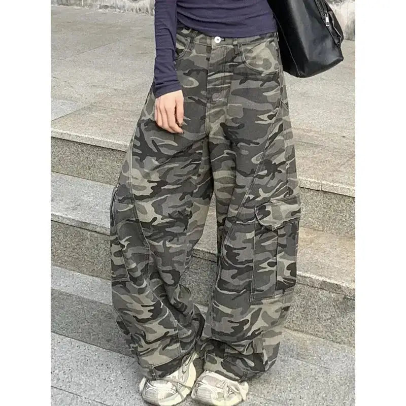 Autumn Winter New Low Rise Jeans Y2k Ladies American High Street Baggy Pants Woman Camouflage Drawstring Mop Jeans for Women - Lootquake